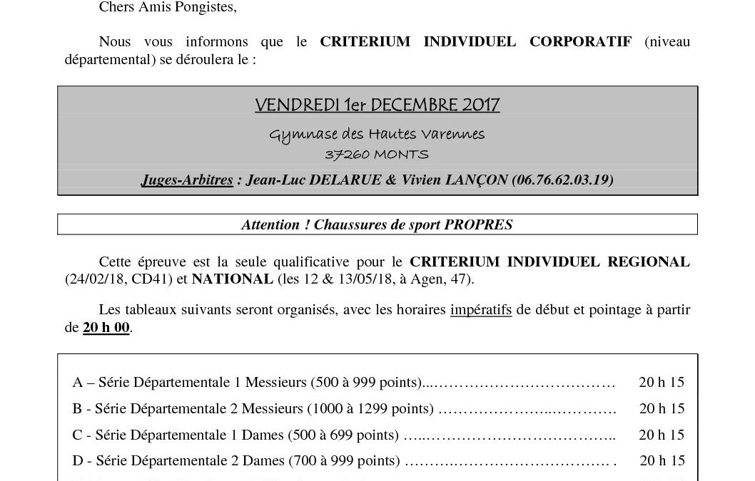Critérium Individuel Corpo du 1er décembre 2017