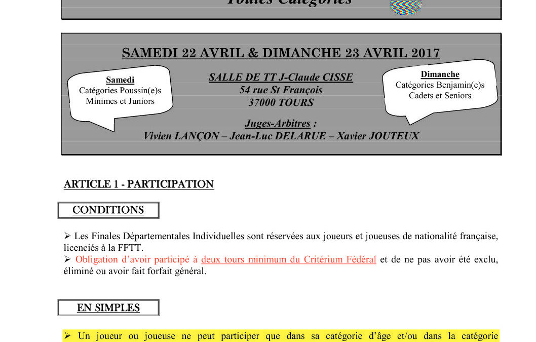 Finales Dép. Individuelles des 22 et 23 avril 2017