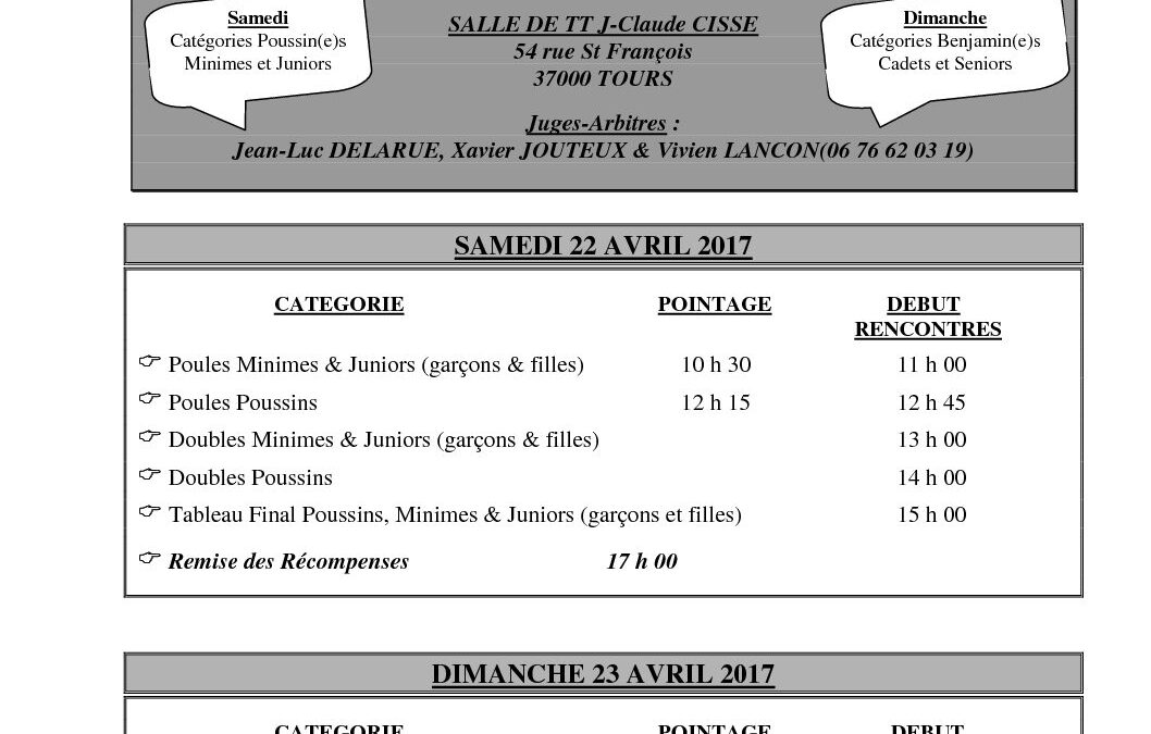Horaires Compétition